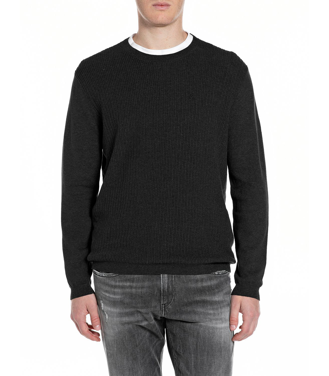 デニムエフェクトクルーネックセーター